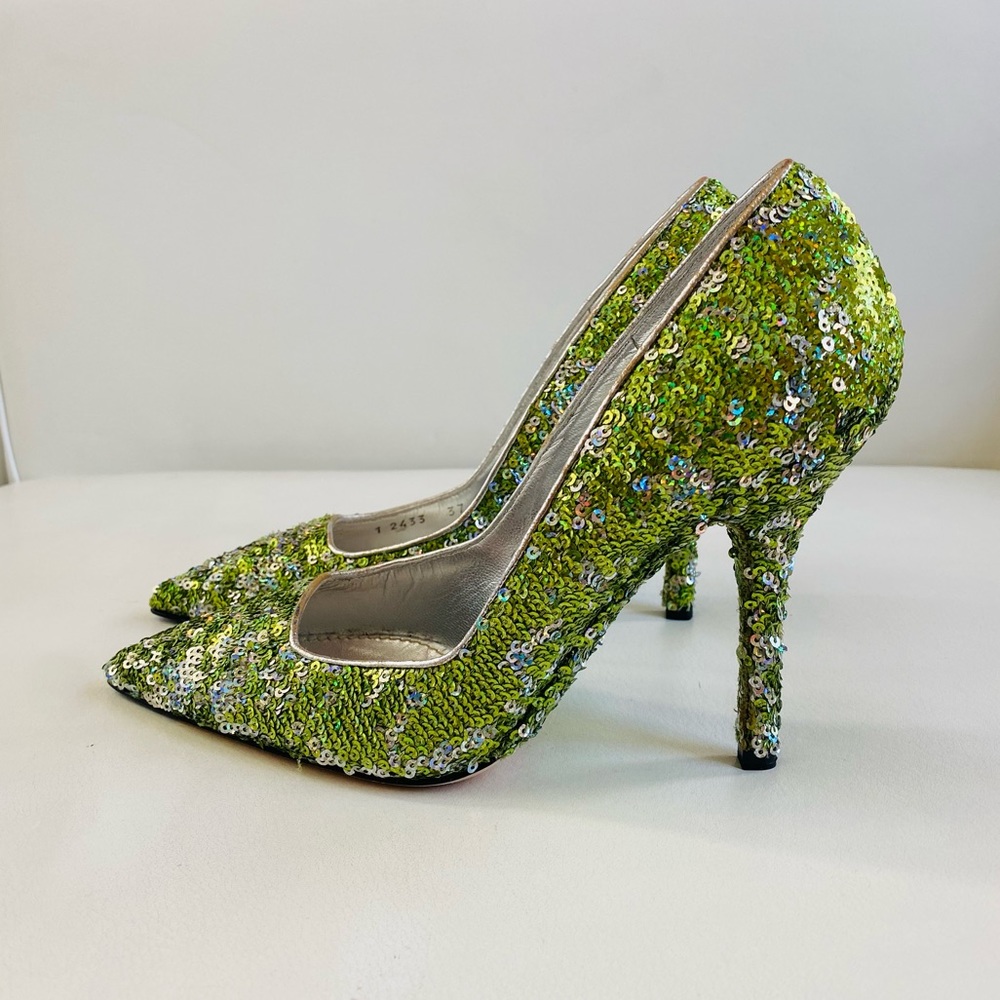 Dolce & Gabbana Green Sequins Embellishments Pointed Toe Pumps SZ 7/37 - Picture 1 of 9